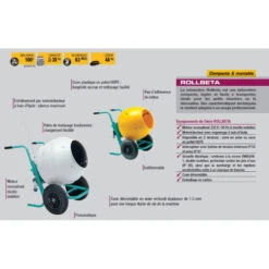Bétonnière Brouette Rollbeta 0.3kW Cuve Acier 138L Malaxage 100L Imer -Kobleo betonniere brouette rollbeta 0 3kw cuve acier 138l malaxage 100l imer 4