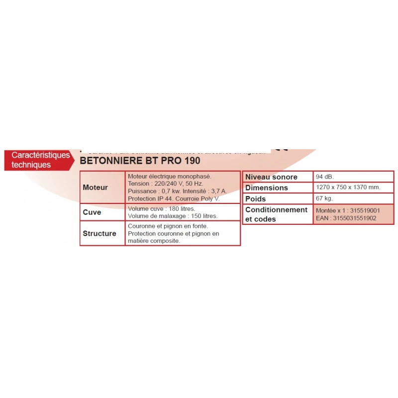 Betonnière Non Tractable 180L 0,75 KW BT PRO 190 3 Betonnière Non Tractable 180L 0,75 KW BT PRO 190 – Image 3