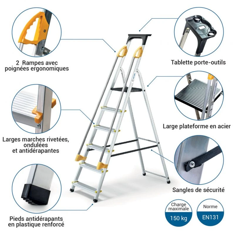 Escabeau 6 Marches DURAMP Aluminium Léger, Sécurisé Avec Rampes Et Porte-outils 119cm Hoström 2 Escabeau 6 Marches DURAMP Aluminium Léger, Sécurisé Avec Rampes Et Porte-outils 119cm Hoström – Image 2