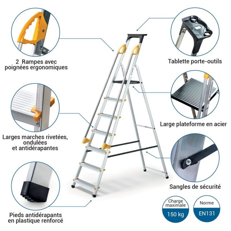 Escabeau 7 Marches DURAMP Aluminium Léger, Sécurisé Avec Rampes Et Porte-outils 140cm Hoström 2 Escabeau 7 Marches DURAMP Aluminium Léger, Sécurisé Avec Rampes Et Porte-outils 140cm Hoström – Image 2