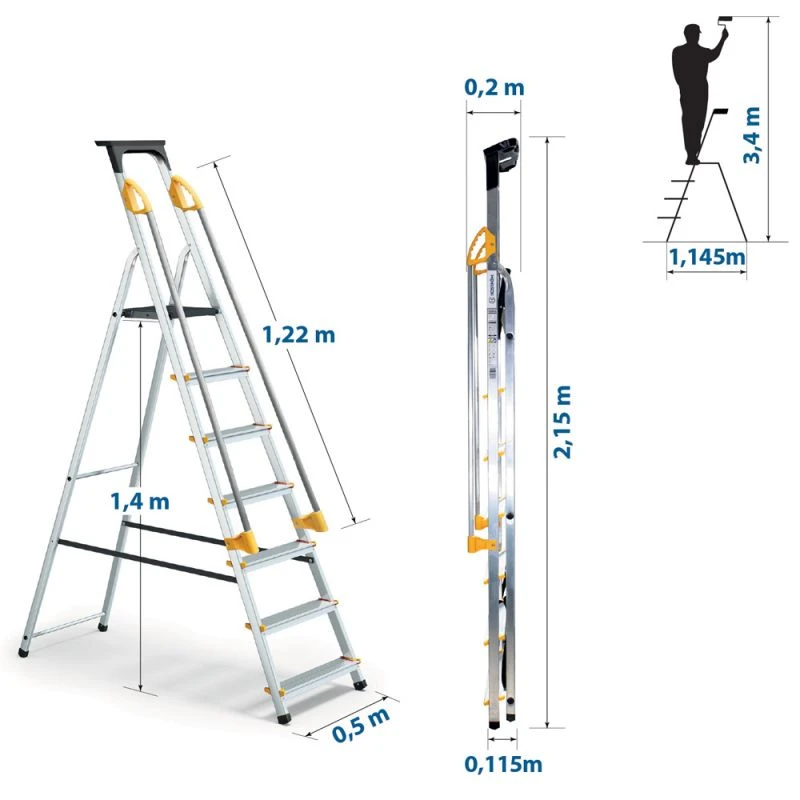 Escabeau 7 Marches DURAMP Aluminium Léger, Sécurisé Avec Rampes Et Porte-outils 140cm Hoström 3 Escabeau 7 Marches DURAMP Aluminium Léger, Sécurisé Avec Rampes Et Porte-outils 140cm Hoström – Image 3