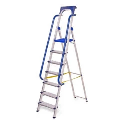 Escabeau 7 Marches Secure Pro Alu Sécurisé Rampes Porte-outils Hauteur Plateforme 158cm Hostrom