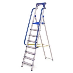 Escabeau 8 Marches Secure Pro Alu Sécurisé Rampes Porte-outils Hauteur Plateforme 182cm Hostrom