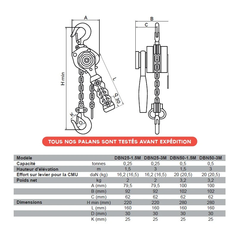 Palan à Levier Ultra Compact 0,25 Tonnes Levée 3m DBN25-3M 2 Palan à Levier Ultra Compact 0,25 Tonnes Levée 3m DBN25-3M – Image 2