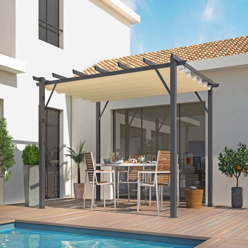 Pergola Alu Habrita PER 4030 GE Gris 12m2 Poteaux 10x10cm Toile écru 3 Pergola Alu Habrita PER 4030 GE Gris 12m2 Poteaux 10x10cm Toile écru – Image 3