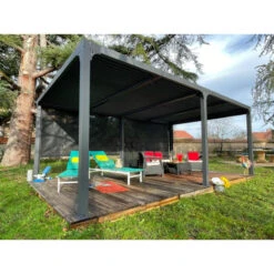 Pergola Habrita PER 3660R BI Alu XXL 21,52m2 Gris 2 Rideaux Côté 5,98m -Kobleo pergola habrita per 3660r bi alu xxl 21 52m2 gris 2 rideaux cote 5 98m 2