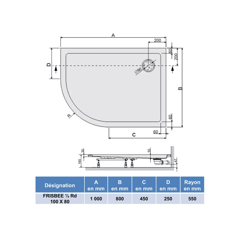 Receveur Douche 1/4 Rond Asymétrique 1000x800mm Blanc Droite FRISBEE 2 Receveur Douche 1/4 Rond Asymétrique 1000x800mm Blanc Droite FRISBEE – Image 2