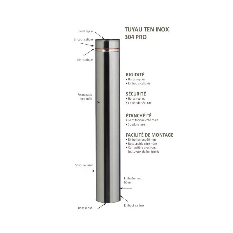 Tuyau Rigide TEN 601180 Inox 304 Pro 100cm D180mm 2 Tuyau Rigide TEN 601180 Inox 304 Pro 100cm D180mm – Image 2